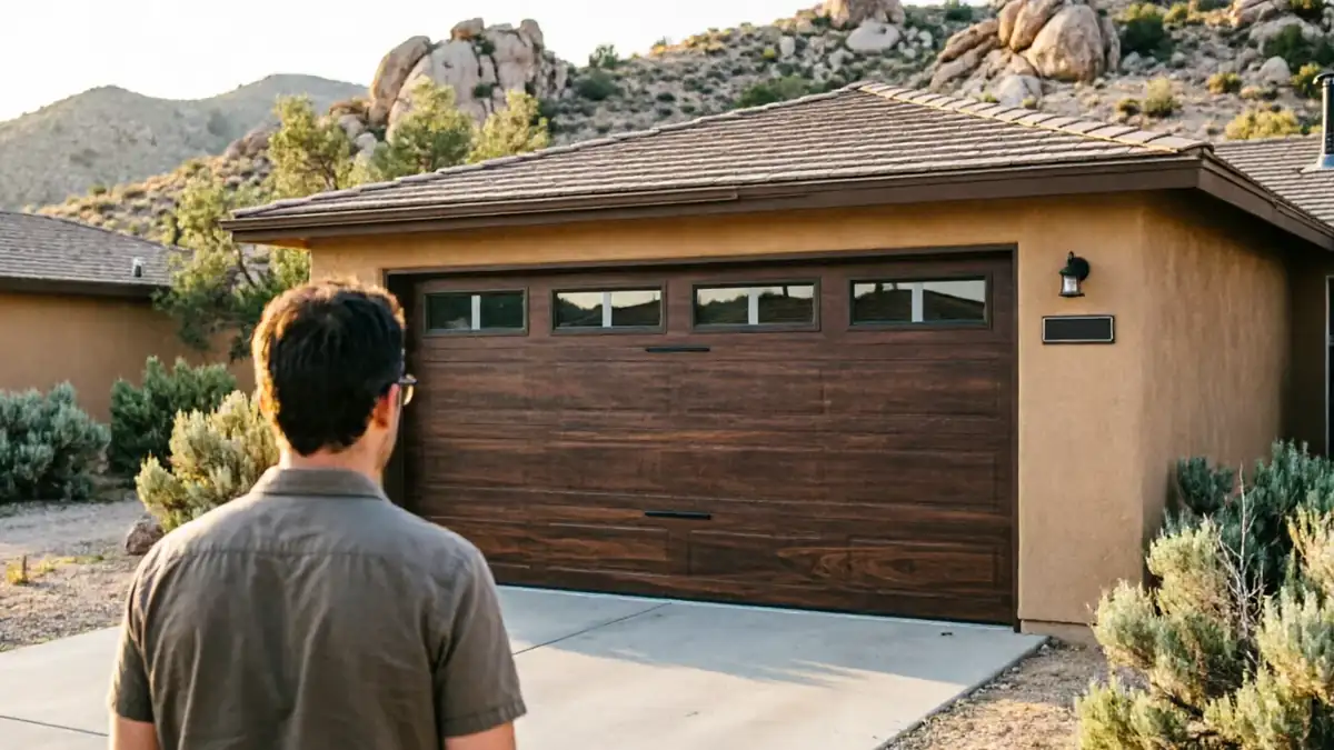 A man stands in front of a house with a dark wood garage door.