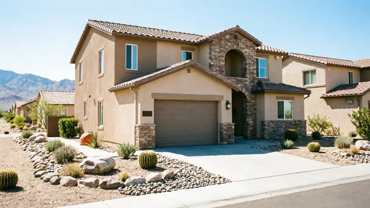 The house has a brown garage door, stucco walls, and a stone archway.