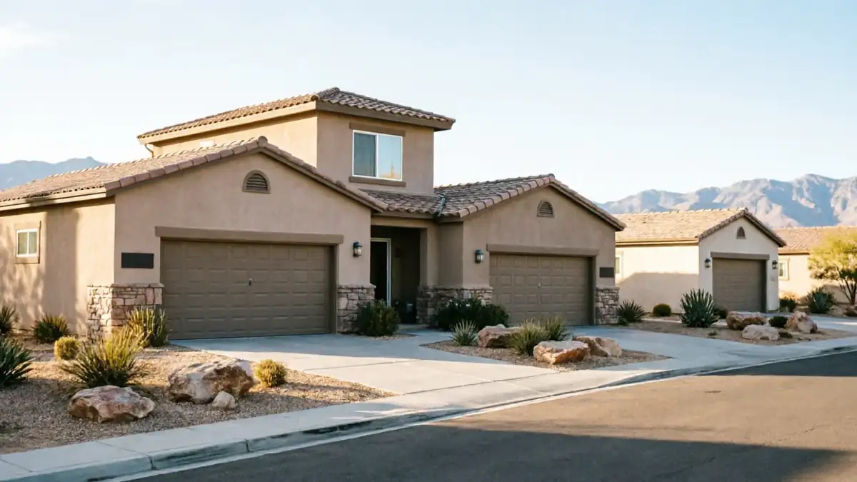Three houses with brown garage doors and desert landscaping line a street.