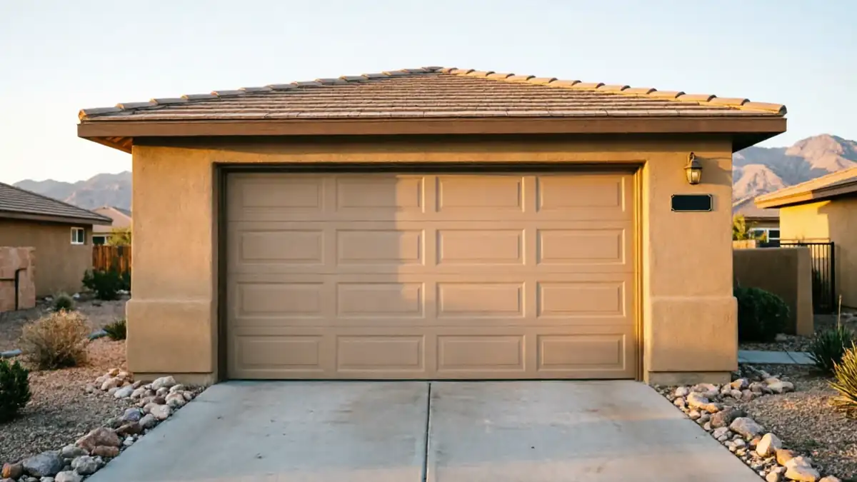 The house has a tan garage door, stucco walls, and a tiled roof.