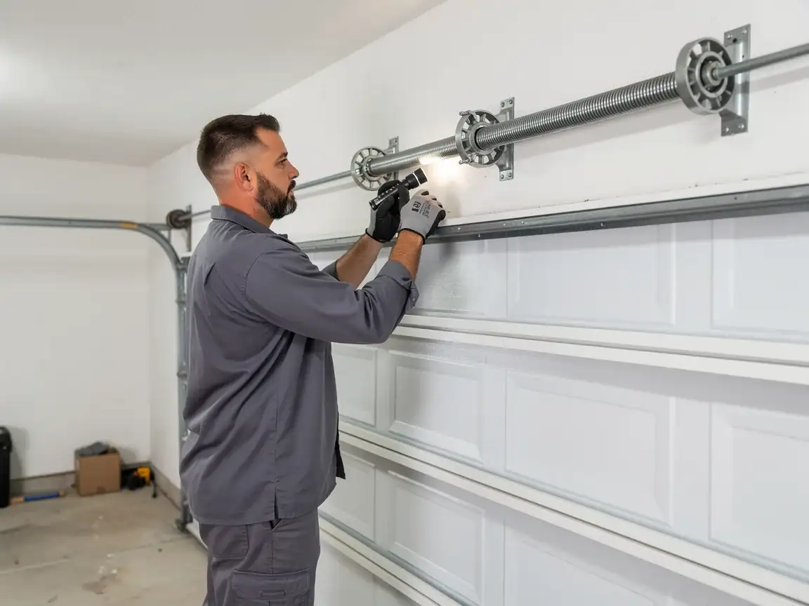 A technician shines a flashlight on a garage door torsion spring.