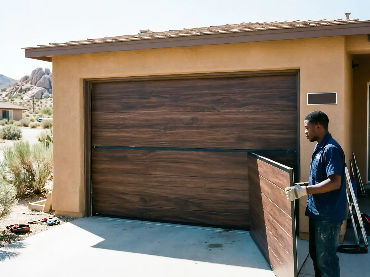 A technician installs a dark wood-look garage door on a tan house.