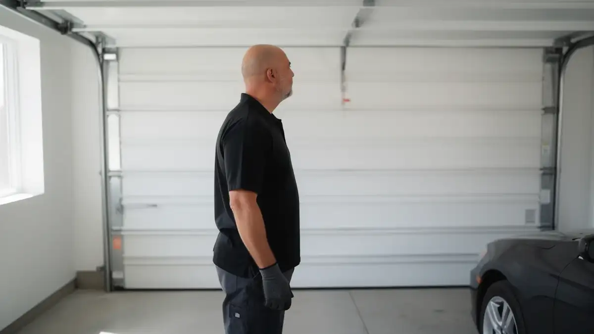 A technician in a black shirt and gloves stands in a garage with a white door.