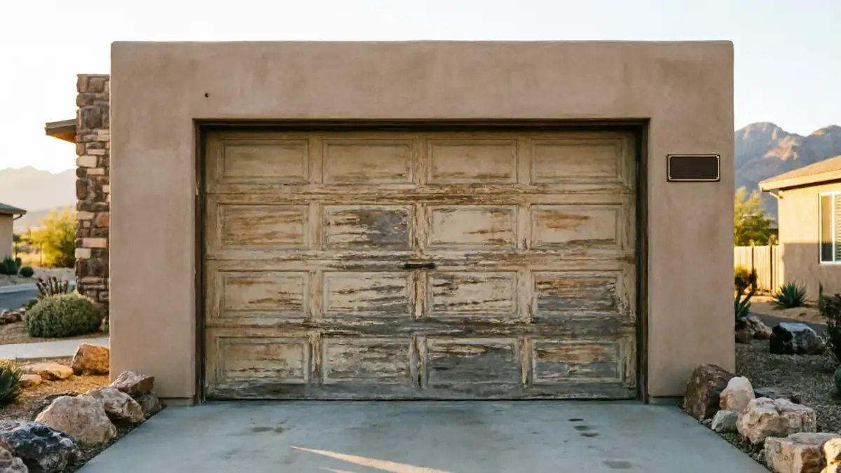 A weathered wooden garage door with peeling paint is set into a stucco wall.