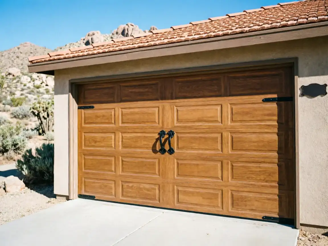 A light brown garage door with decorative black hardware is on a stucco house.
